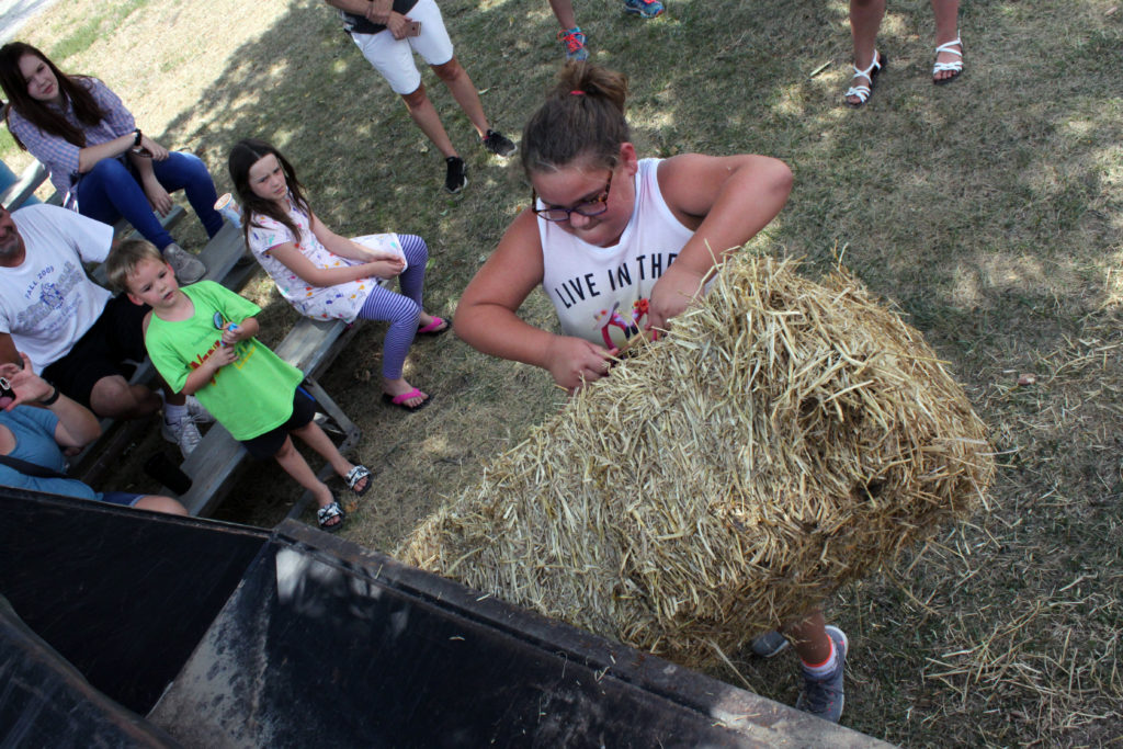 A girl lifts a hay bale as part of the old-timey farm skills competition.